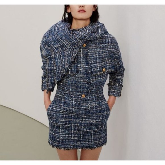 Zara Dresses & Skirts - NWT Zara Women’s Size XL Tweed Mini Crocheted Skirt Blue golden button woven